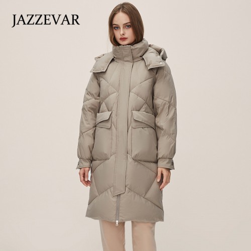 Long Puffer Down Coat Detachable Hood, Solid Color Thickened Warm Winter Hooded Jacket, Women's Clothing