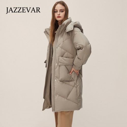 Long Puffer Down Coat Detachable Hood, Solid Color Thickened Warm Winter Hooded Jacket, Women's Clothing