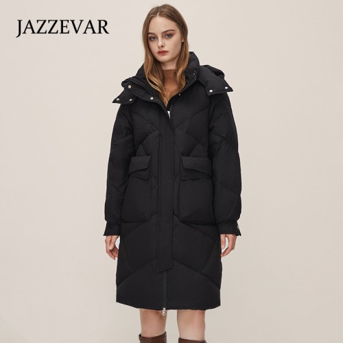 Long Puffer Down Coat Detachable Hood, Solid Color Thickened Warm Winter Hooded Jacket, Women's Clothing