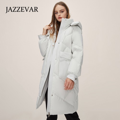 Long Puffer Down Coat Detachable Hood, Solid Color Thickened Warm Winter Hooded Jacket, Women's Clothing