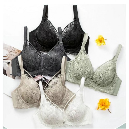 Contrast Lace Wireless Bra Hollow Cut Breathable Push Up Bra & Panty Set