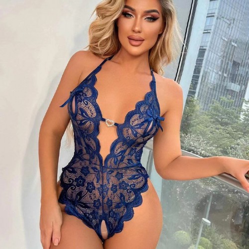 Floral Lace Scallop Trim Crotchless Teddy Bodysuit