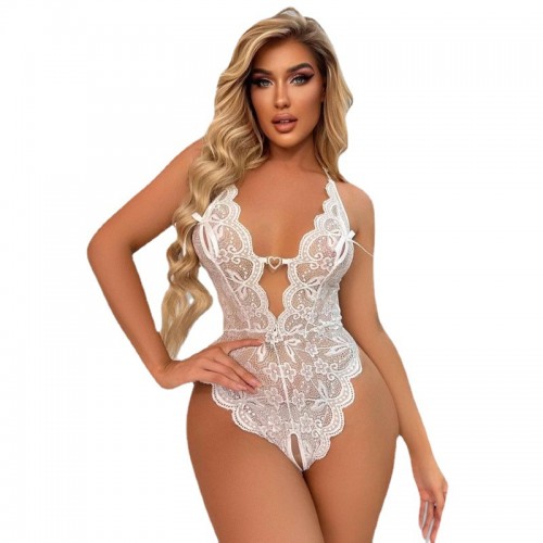 Floral Lace Scallop Trim Crotchless Teddy Bodysuit