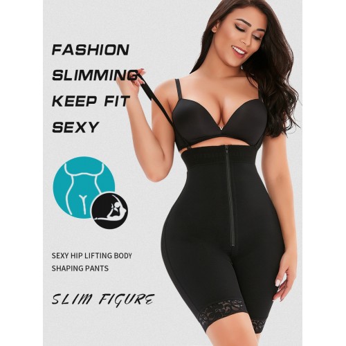 High Waist Removable Straps Zip Up Shapewear Bodysuit