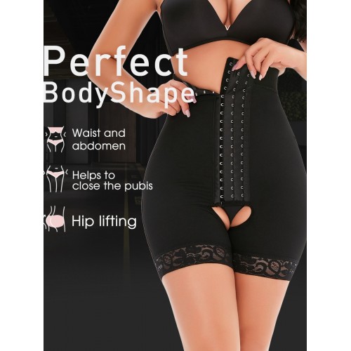 Lace High Waist Hook & Eye Crotchless Shapewear Panty