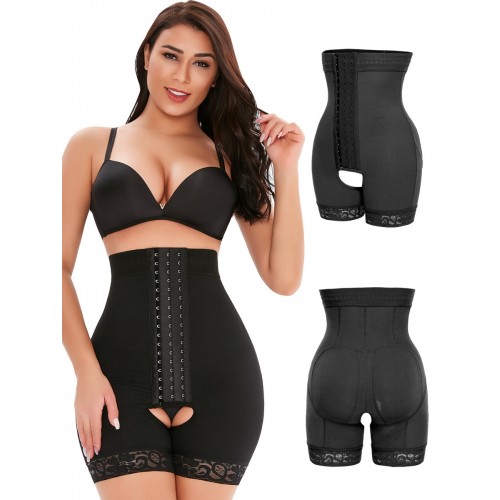 Lace High Waist Hook & Eye Crotchless Shapewear Panty