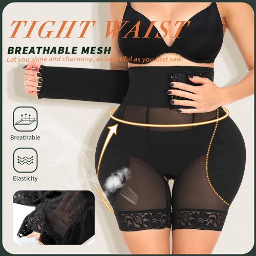 Hook Front Waist Lace Breathable Mesh Shapewear Panty