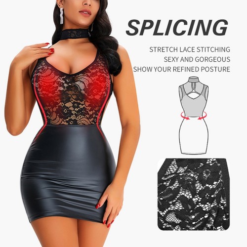 Stand Collar Stretchy Lace With Synthetic Leather Skirt