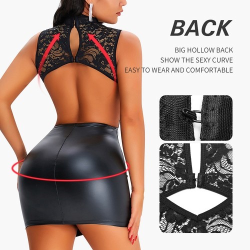 Stand Collar Stretchy Lace With Synthetic Leather Skirt