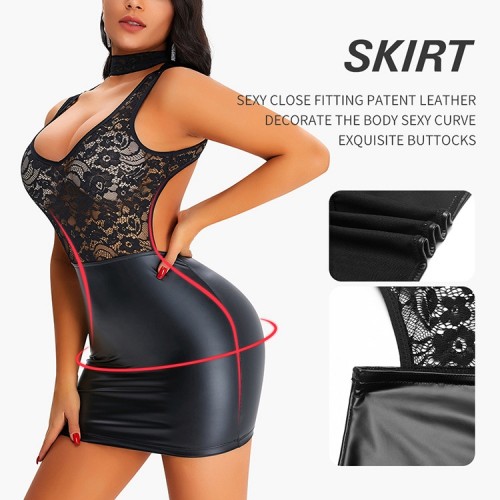 Stand Collar Stretchy Lace With Synthetic Leather Skirt