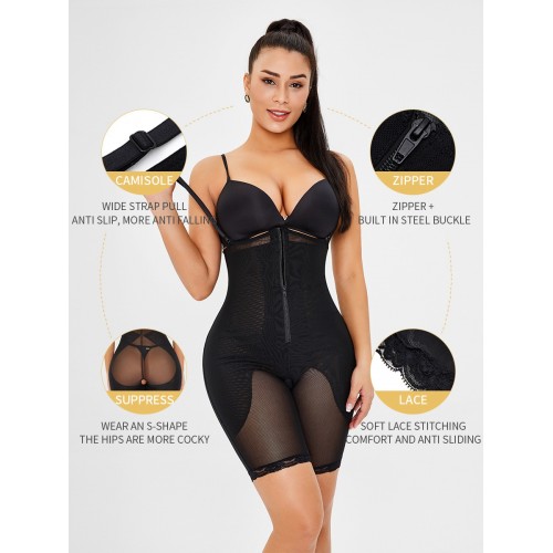 Contrasted Mesh Zip Up Removable Straps Shapewear Bodysuit