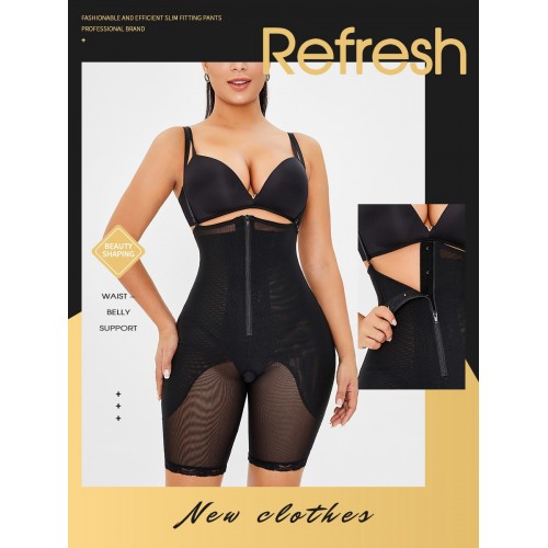 Contrasted Mesh Zip Up Removable Straps Shapewear Bodysuit