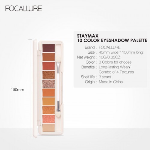 FOCALLURE Staymax 10 Color Eyeshadow Palette With Dual-ended Brush & Mirror