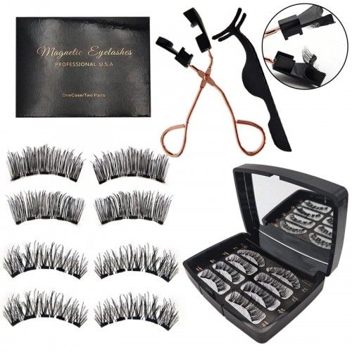 Reusable Magnetic Eyelashes 4 Pairs, Dual 3D Magnetic Lashes without Eyeliner Natural Look, False Eyelashes Extension Kit with Applicator Tweezers