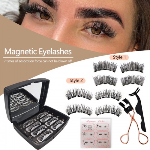 Reusable Magnetic Eyelashes 4 Pairs, Dual 3D Magnetic Lashes without Eyeliner Natural Look, False Eyelashes Extension Kit with Applicator Tweezers