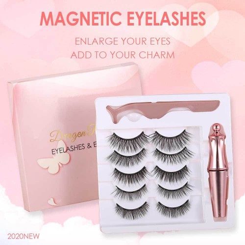 Magnetic Eyelashes with Magnetic Eyeliner Kit - 5 Pairs Upgraded 3D Magnetic Eyelashes Kit with Magnetic Eyeliner, Reusable, No Glue