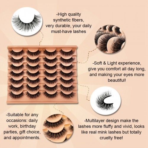 False Lashes Fairy Wispy Fluffy Natural Look Butterfly Faux Mink Lashes Cat-Eye - 14 Pairs