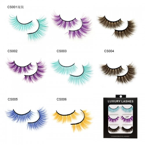 3 Pairs Colored Eyelashes Pink And Purple Mixed Color False Eyelashes Thick Curling False Eyelashes, Stage Masquerade Xmas Makeup