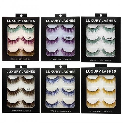 3 Pairs Colored Eyelashes Pink And Purple Mixed Color False Eyelashes Thick Curling False Eyelashes, Stage Masquerade Xmas Makeup