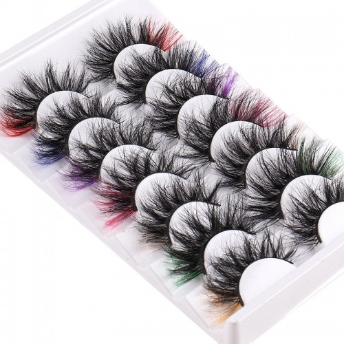 7 Pairs Colored False Eyelashes D Curl Mink Lashes Natural Look Fluffy Eyelashes Thin Strip Eyelashes Extension For Stage & Party Use 6D Volume Cat Eye Lashes Pack With Color