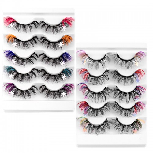 Colored Eyelashes, Cat Eye Lashes Wispy 3D Faux Mink Lashes Fluffy Colorful False Eyelashes ,Christmas Cosplay Lashes Like Extensions,C Curling Lashes Strips 5 Pairs