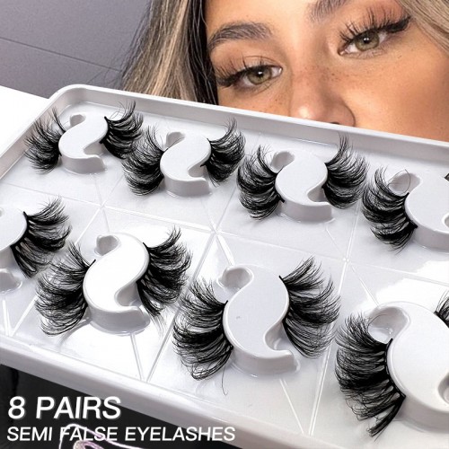 Natural Half Eyelashes , 3D Cat Eye Wispy Manga Eyelashes , C Curling Lightweight False Eyelashes 8 Pairs