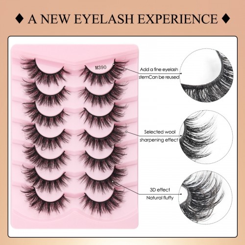 False Eyelashes Set, 7 Pairs D Curling Fishtail Crossed Natural Style 3D False Eyelashes, Natural Look Fluffy Cat Eye Lashes