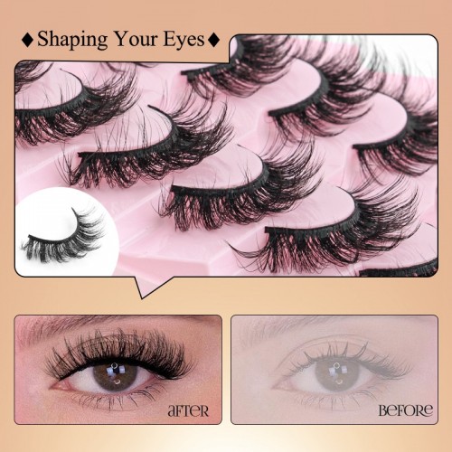 False Eyelashes Set, 7 Pairs D Curling Fishtail Crossed Natural Style 3D False Eyelashes, Natural Look Fluffy Cat Eye Lashes