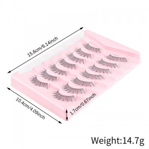 False Eyelash Set, 7 Pairs D Curly Roll Warped Fishtail Cross Natural Style Transparent Stem False Eyelashes, Natural Look Fluffy Cat Eye Lashes