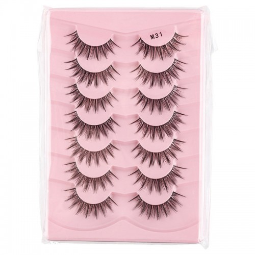 False Eyelash Set, 7 Pairs D Curly Roll Warped Fishtail Cross Natural Style Transparent Stem False Eyelashes, Natural Look Fluffy Cat Eye Lashes