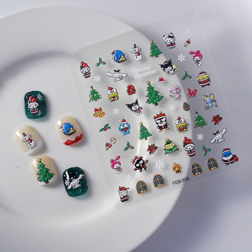 Christmas Nail Art Stickers 3D Embossed Cartoon With Adhesive Backing Scent-free Manicure Decals For Holiday Nails