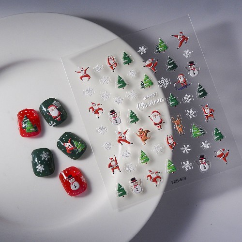 Christmas Nail Art Stickers 3D Embossed Snowflakes Trees Santa Snowman With Adhesive Backing Scent-free Manicure Decals For Holiday Nails