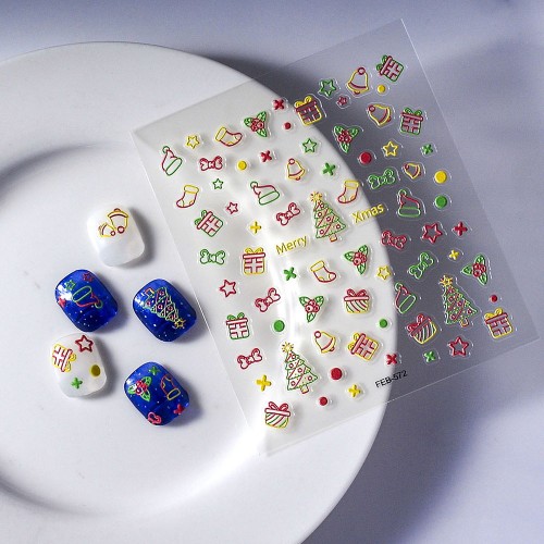 Christmas Nail Art Stickers 3D Embossed Trees & Stocking With Adhesive Backing Scent-free Manicure Decals For Holiday Nails